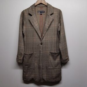Jules & Leopold Blazer Jacket Women Size S Tan Brown Check Mid Length Fall